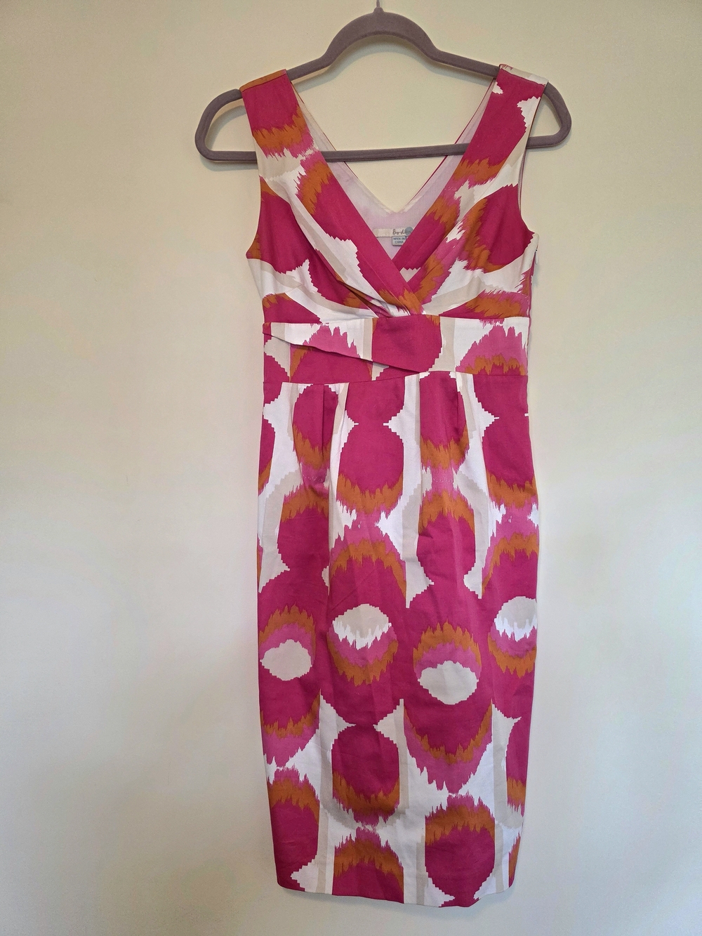 Boden Womens Ikat Pink Orange Design V-Neck Sheath Dress Sz 2 Regular